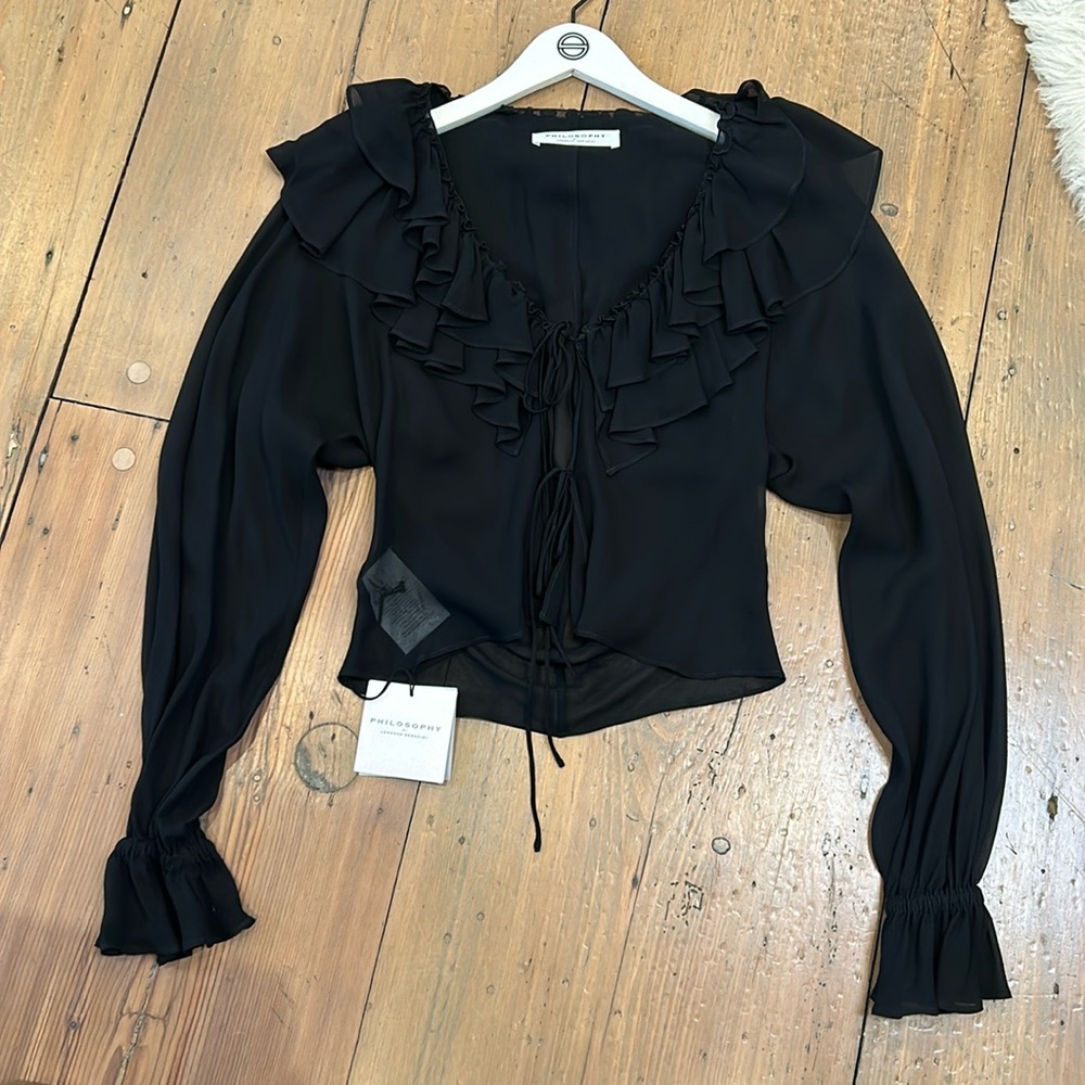 Philosophy sheer black top with ruffle detail